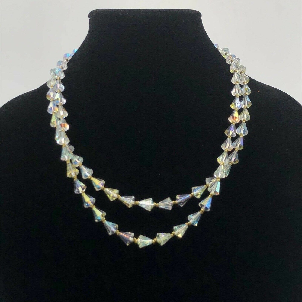 Vintage Duel Strand Clear Aurora Boralis Cone Shape Necklace Filigree Clasp 21”